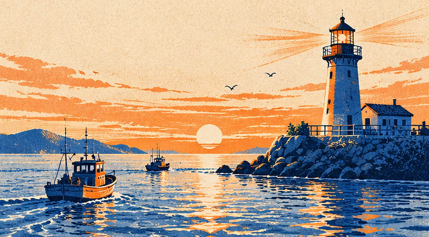A lighthouse at dawn with small boats leaving a calm harbour