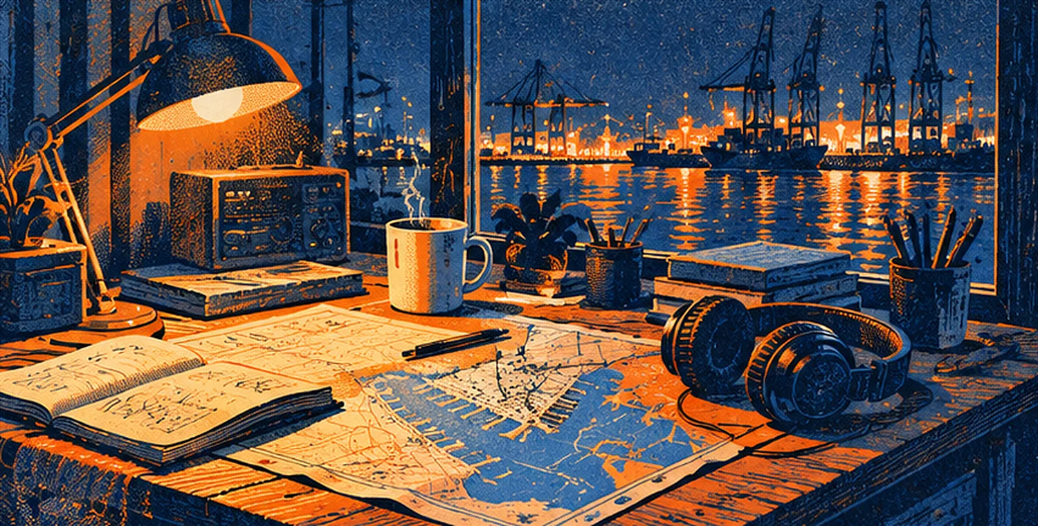 A harbour-master desk at night with a headset, notebook and map of piers, cranes outside the window